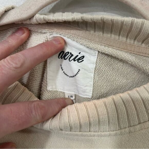 Aerie Pleated Sleeve Crewneck Cream Oversized Boxy Cheer Sweatshirt Size Large - Picture 6 of 10